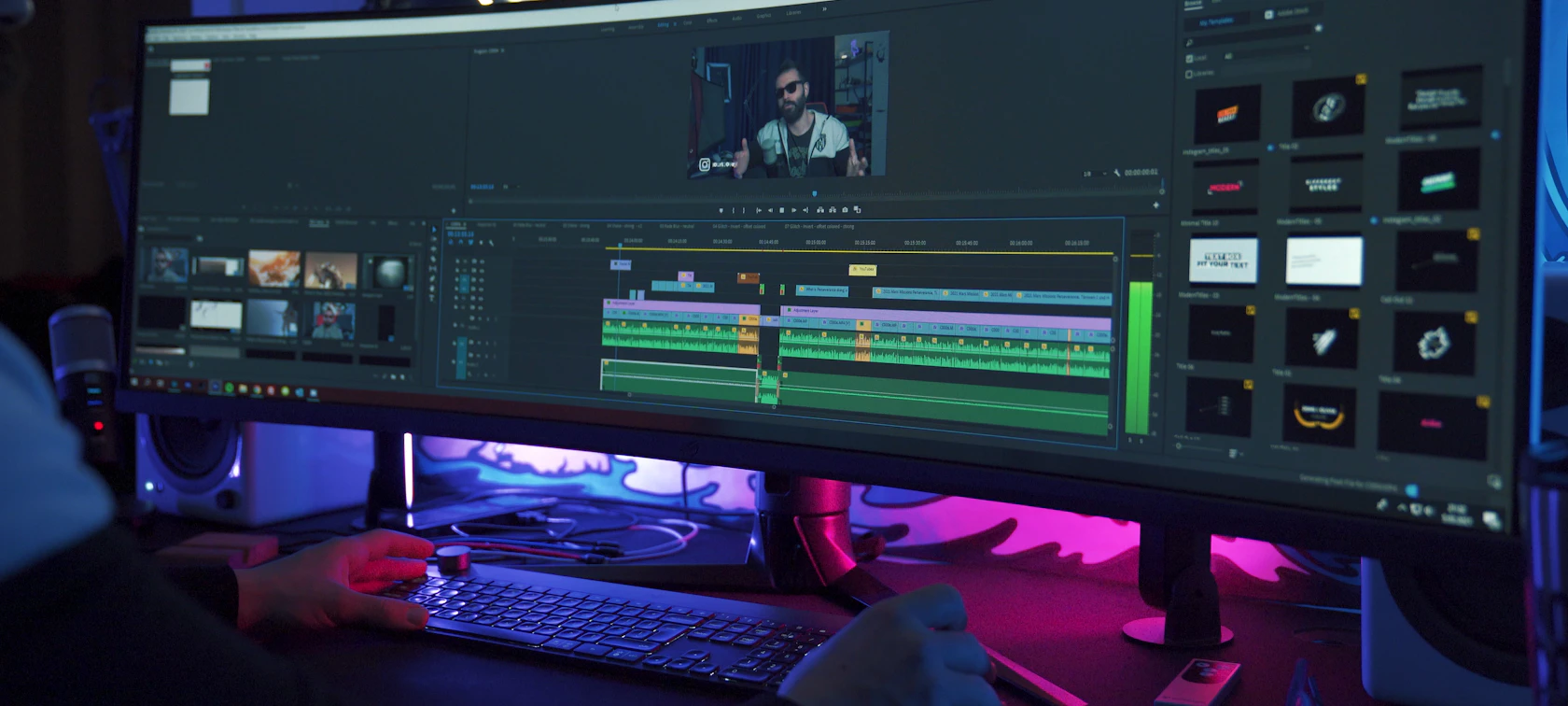 Motion designer's workstation with an animation timeline on screen