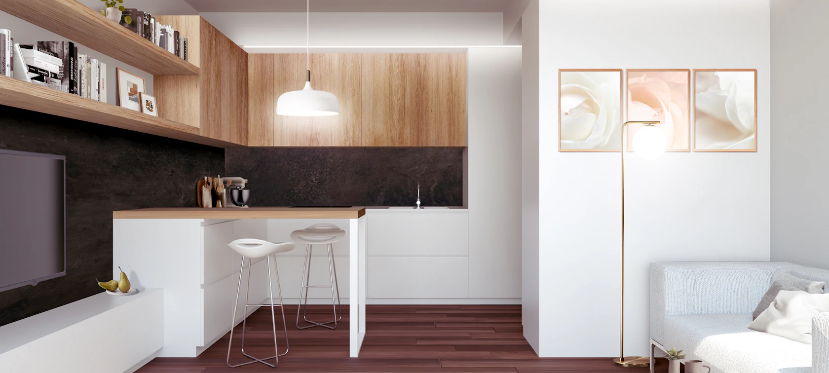 Modern living room and kitchen interior