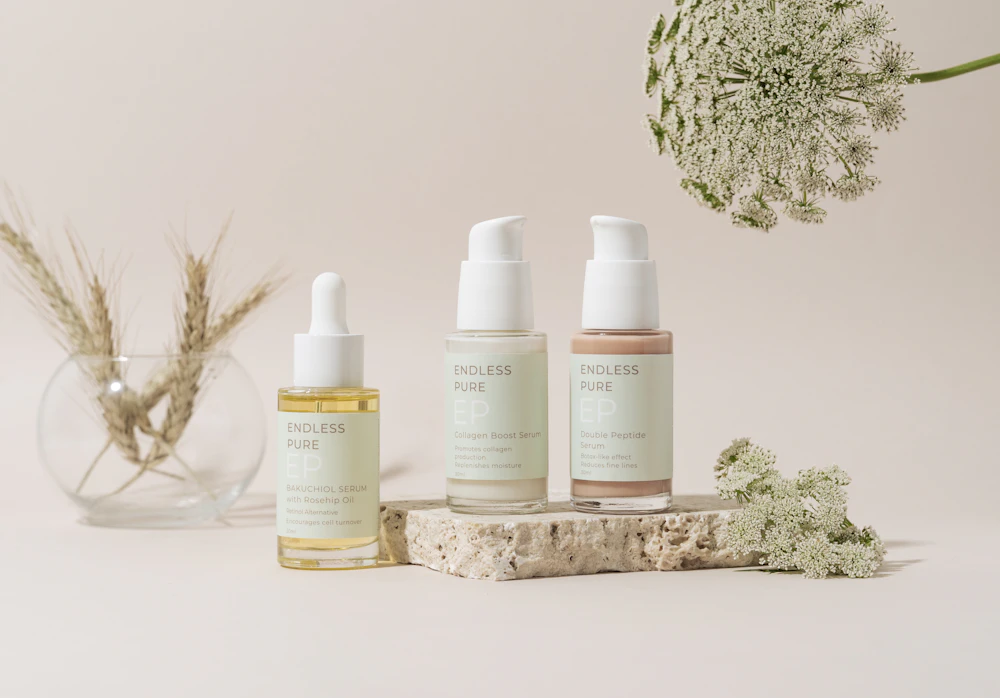 Skincare bottles styled for product photography