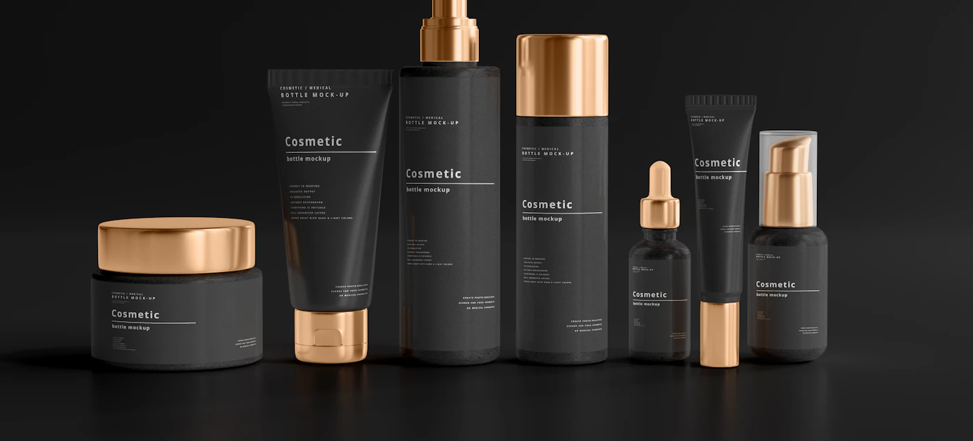 Skincare product range in black and gold packaging