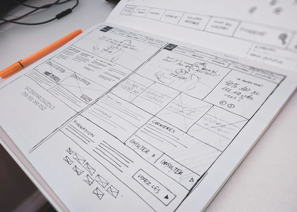 Hand-drawn website wireframe sketch on paper